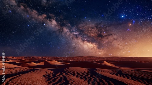 A nighttime desert scene with a star-filled sky, the Milky Way visible over the vast sandy expanse.