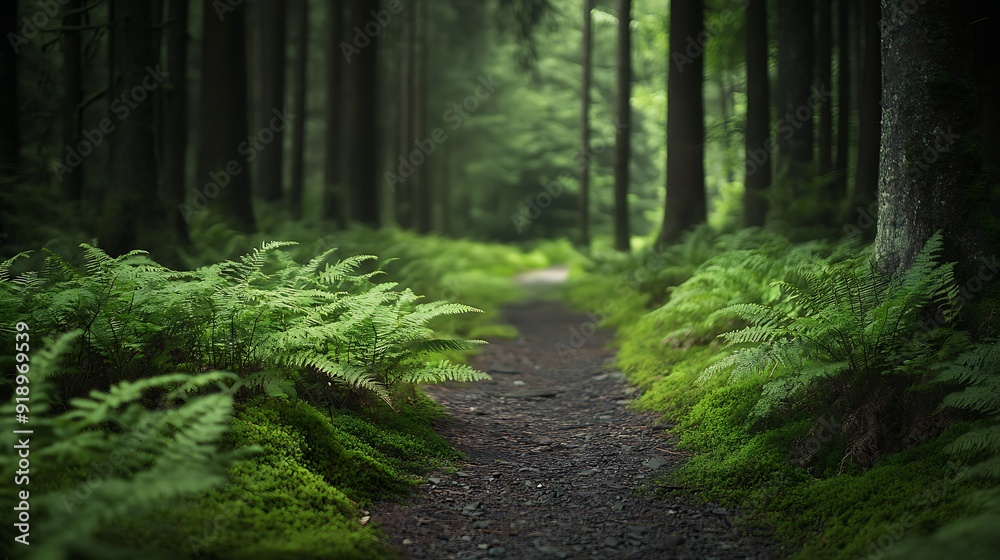 Fototapeta premium Sun-dappled path winds through emerald green woods
