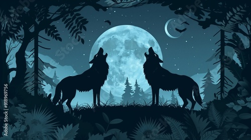 A pair of wolves howling at the moonlit night sky, their silhouettes framed by a dense forest
