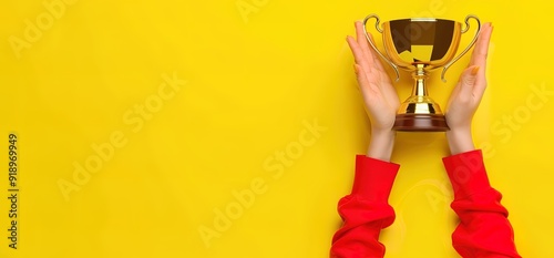 Two hands hold a golden trophy against a bright yellow background. This image represents success, achievement, and victory.