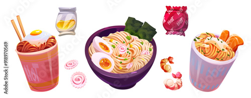 Noodle with spices, eggs and shrimps in cardboard cup and bowl with chopsticks. Cartoon vector illustration set of instant food - ramen spaghetti with sauce and delicious appetizing ingredients.