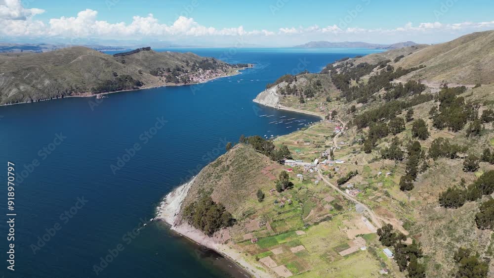 Aerial: San Pablo de Tiquina town on shore of Lake Titicaca in Bolivia Aerial: San Pablo de Tiquina town on shore of Lake Titicaca in Bolivia