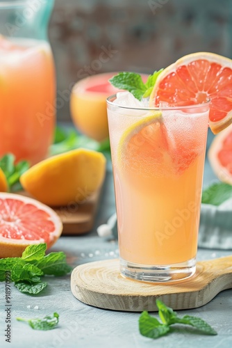 Freshly prepared grapefruit cocktail garnished with mint and surrounded by fresh grapefruit wedges. Concepts of refreshing beverages, summer drinks, and natural ingredients. photo