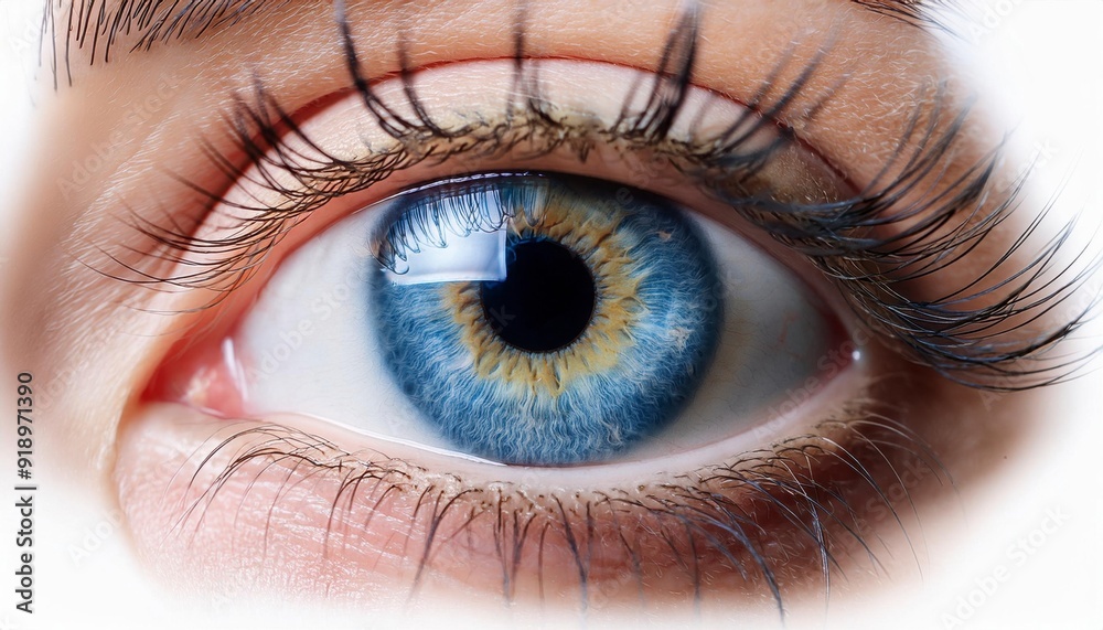Close-up photo of a human eye with blue iris. Generated image