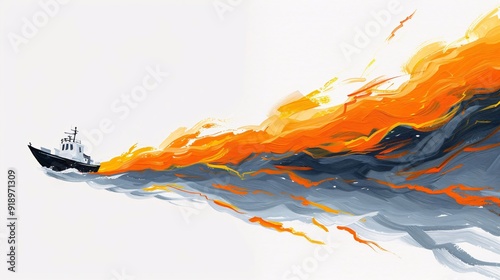 This modern depiction showcases a boat in motion trailing an abstract, fiery orange path in the ocean, highlighting speed and intensity with a vibrant color scheme. photo