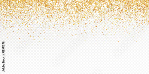 Golden glitter lights isolated. Sparkling glittering rain effect. Luxury backdrop for Christmas, wedding, birthday party. Metallic frame, border. Transparent background can be removed in vector file.
