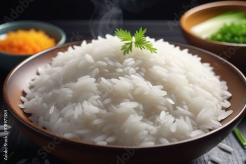 A bowl of steaming rice looking appetizing, horizontal composition