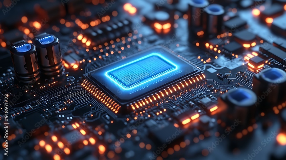 Close-up of a glowing blue CPU on a circuit board. Close-up of a glowing blue CPU on a circuit board.