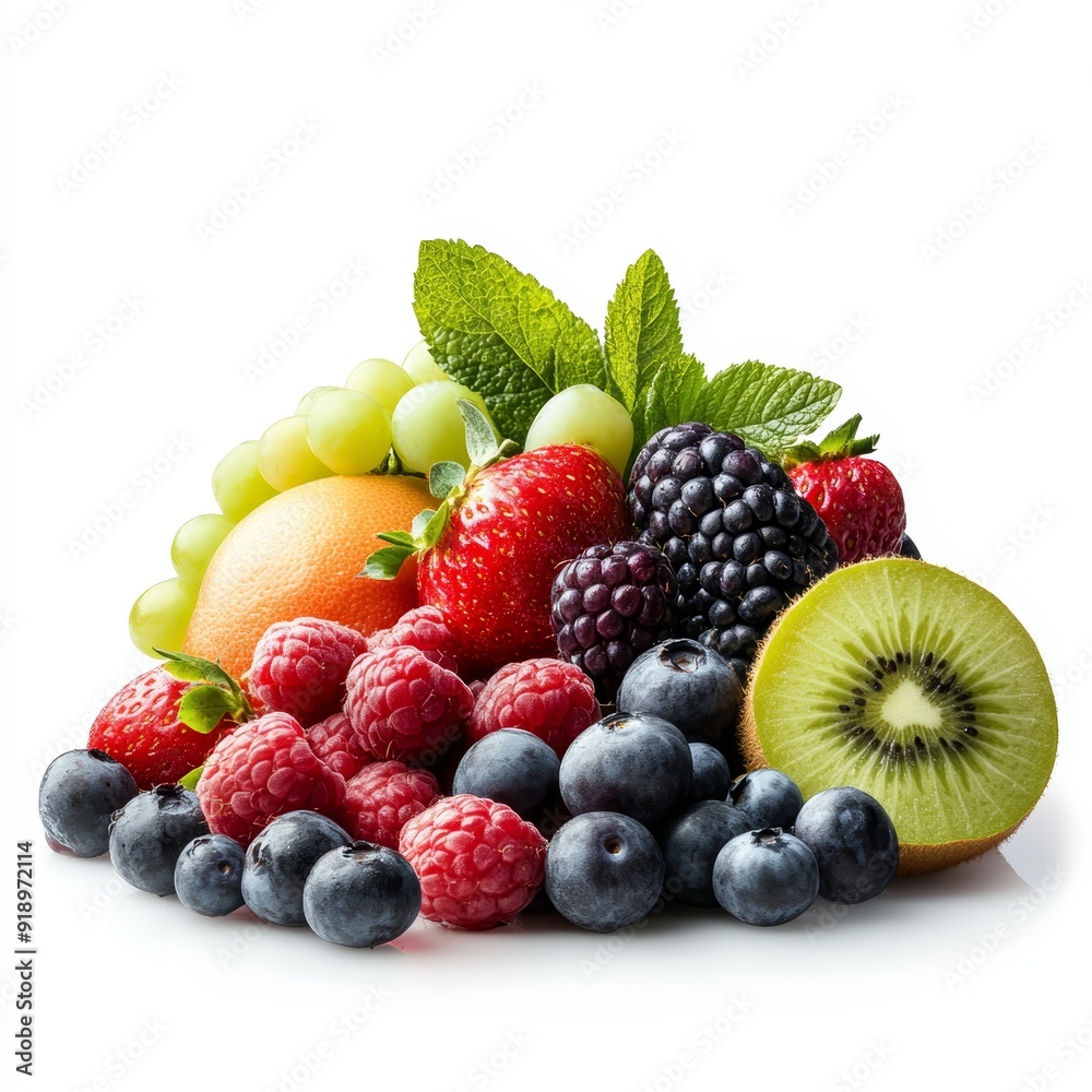 A vibrant mix of fresh fruits, including berries, kiwi, grapes, and strawberries, arranged on a white background.