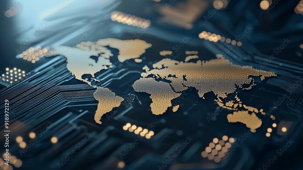 A world map etched onto a circuit board, symbolizing global connectivity and technological advancement. A world map etched onto a circuit board, symbolizing global connectivity and technological advancement.
