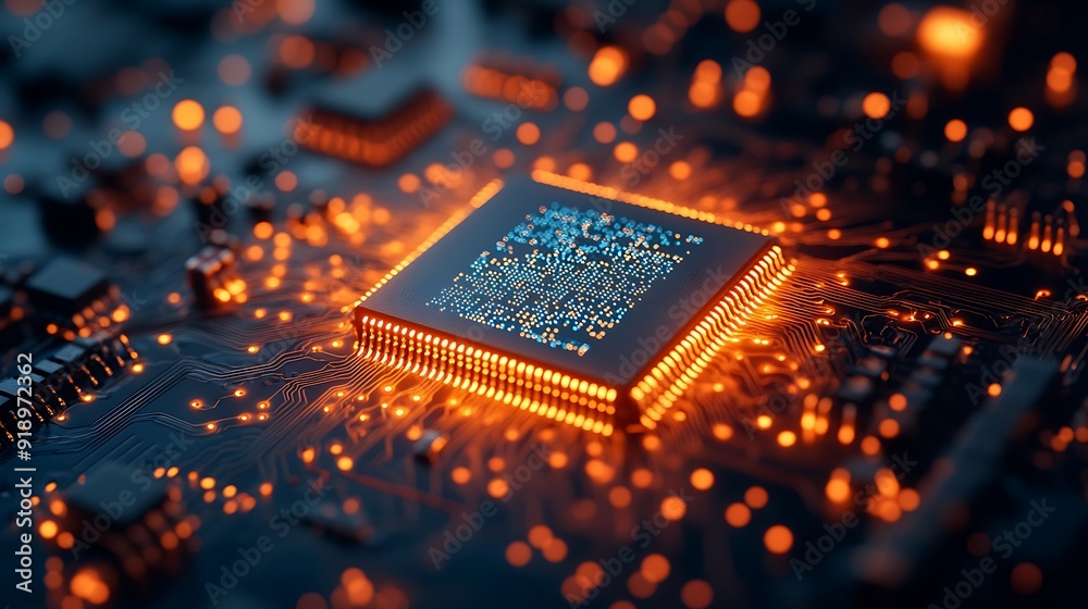 Close-up of a glowing computer chip on a circuit board. Close-up of a glowing computer chip on a circuit board.