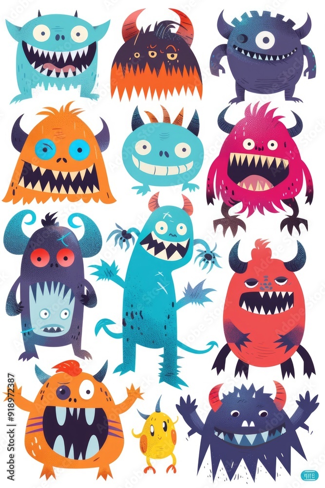 A group of colorful cartoon monsters with large eyes sitting or standing together, great for kid-friendly illustrations and designs