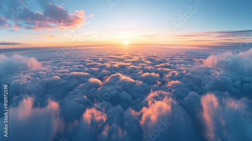 A panoramic view of stratocumulus clouds stretching across the horizon, blending with the distant sea during a peaceful sunset.