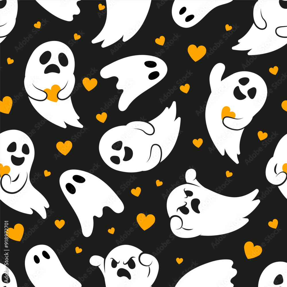 Halloween seamless pattern with cute little ghosts. White ghosts on black background. Pattern for fabric, paper, textile, card design Halloween seamless pattern with cute little ghosts. White ghosts on black background. Pattern for fabric, paper, textile, card design