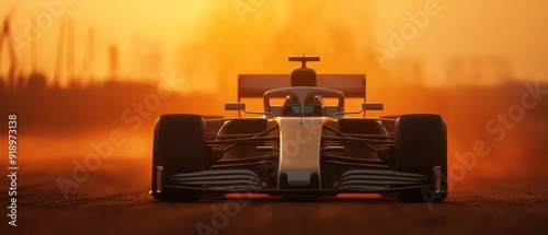 Race car on a track at sunset with dramatic lighting creating a powerful atmosphere, ideal for motorsport enthusiasts and racing themes. photo