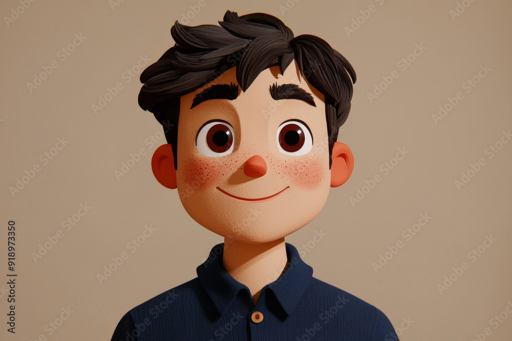 Smiling friendly cartoon character adult man male person portrait wearing blue shirt in 3d style design on light background. Human people feelings expression concept Smiling friendly cartoon character adult man male person portrait wearing blue shirt in 3d style design on light background. Human people feelings expression concept