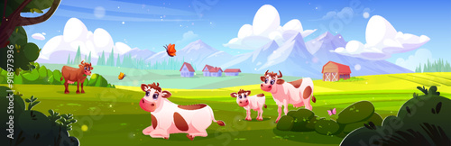 Cows grazing in summer mountain meadow. Vector cartoon illustration of farm animals with calf standing and lying on green grass, butterflies flying in air, alpine village houses and barn in field