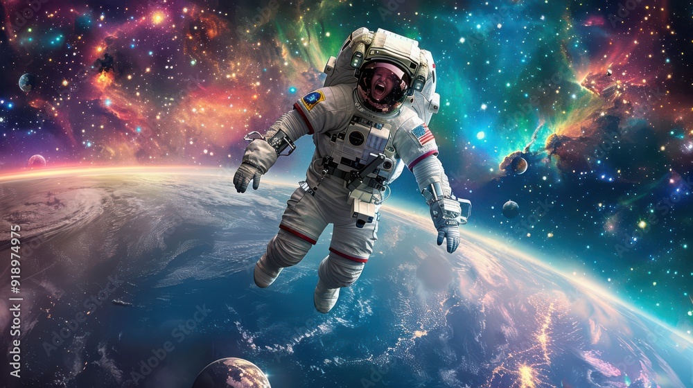 Fototapeta premium An astronaut in a space suit belly-laughing