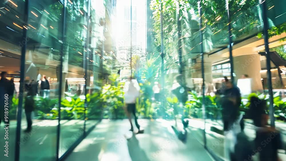 People walking on green office space, motion blur effect, environment concept