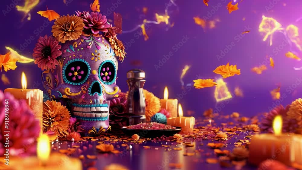 video for Day of the Dead. illustration depicting a Dia de Muertos card featuring a sugar skull, lit candles, flowers, traditional food, maracas, and flags against a purple background