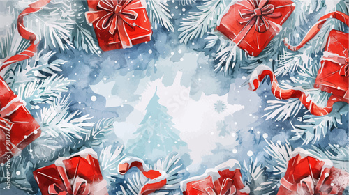 Christmas greeting card template with watercolor holly branches and berries