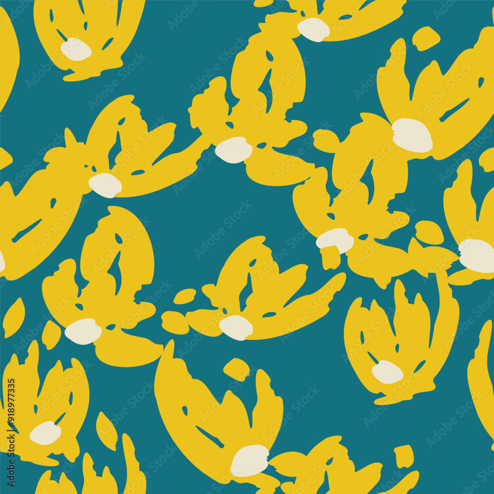 Naklejka premium Blue seamless pattern with abstract yellow flowers. Vector square background, illustration, print, design. Japanese style