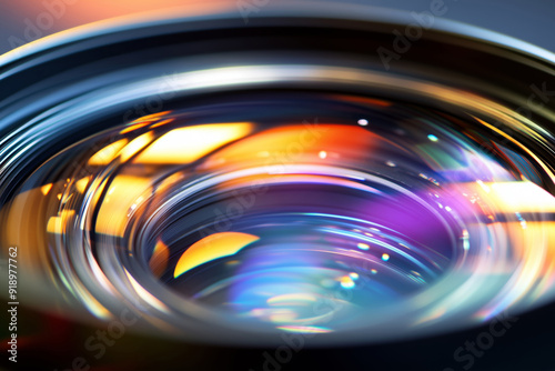 An artistic shot of macro camera lens on a dark surface, with light reflecting off each lens element.