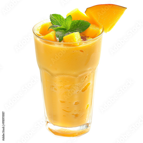 Refreshing Mango Lassi with Mint and Fresh Mango Cubes Isolated.