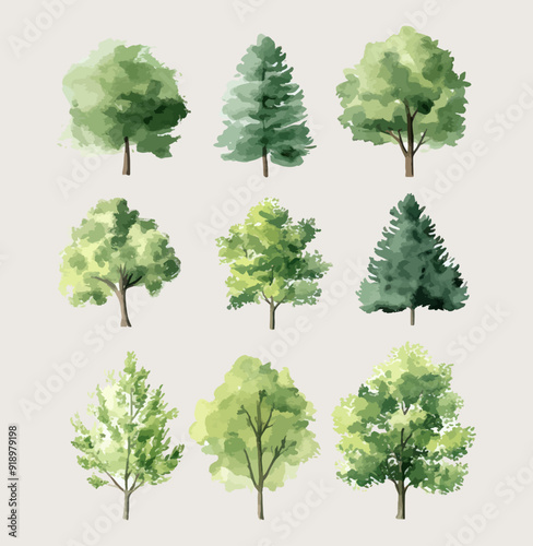 set of watercolor autumn trees