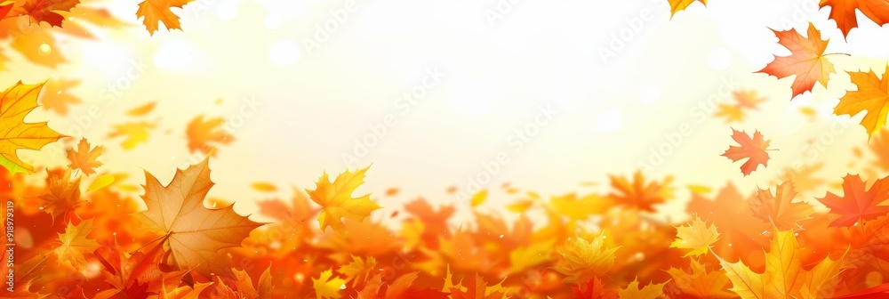 Autumn Background With Falling Leaves, Yellow Maple Leaves, Sunlight. Panorama, Copy Space.