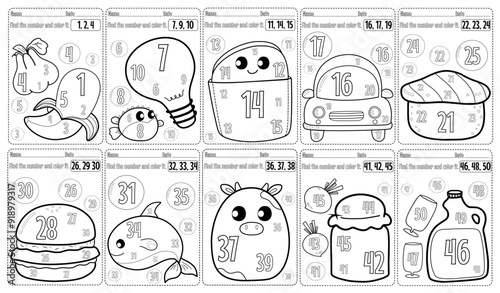 1-50 Learning worksheet for kids, black and white, illustration of finding numbers, coloring numbers.