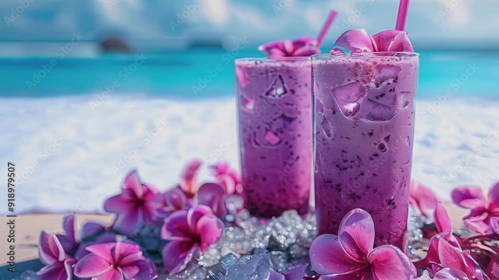 video of purple Tropical cocktails on the beach, summer drink video of purple Tropical cocktails on the beach, summer drink