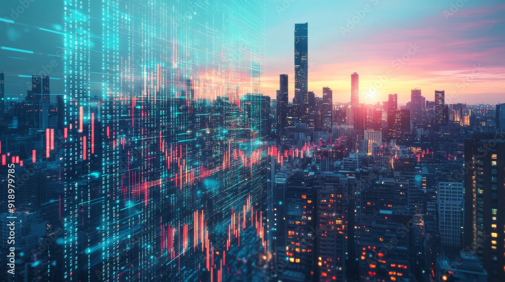 A digital image of financial data floating above a city skyline represents global business and finance in a digital age. A digital image of financial data floating above a city skyline represents global business and finance in a digital age.