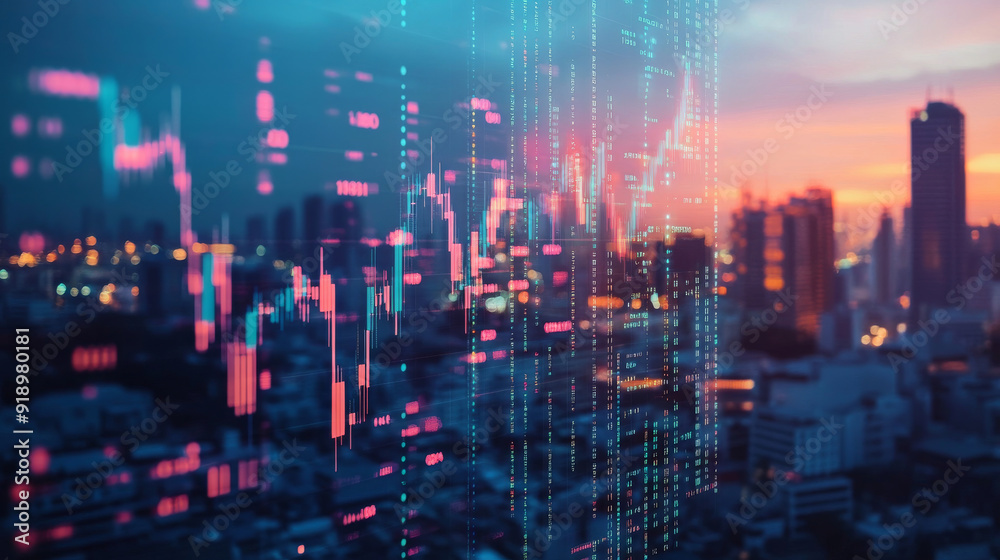 A digital image of financial data floating above a city skyline represents global business and finance in a digital age.