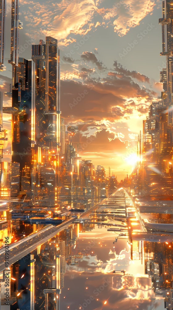 Fototapeta premium Digital technology futuristic city street scene abstract graphic poster background with generative