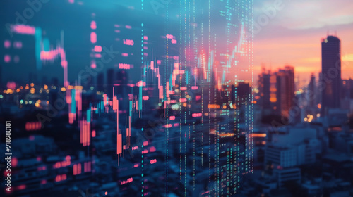 A digital image of financial data floating above a city skyline represents global business and finance in a digital age.