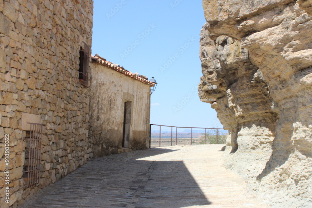 Ares del Maestre, a medieval village in the Province of Castellón, Spain, with a stone castle in ruins on a hilltop