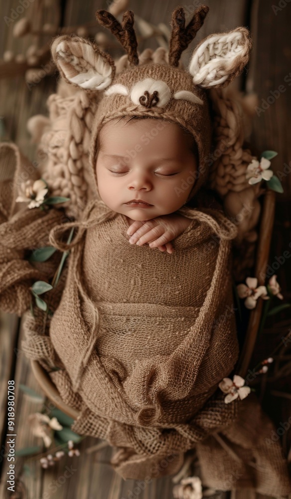 Peaceful baby dressed in a knitted deer costume. AI. Peaceful baby dressed in a knitted deer costume. AI.
