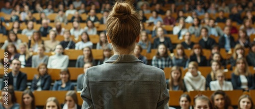 Wallpaper Mural Female professor giving a lecture to a large group of students in a university auditorium. AI. Torontodigital.ca