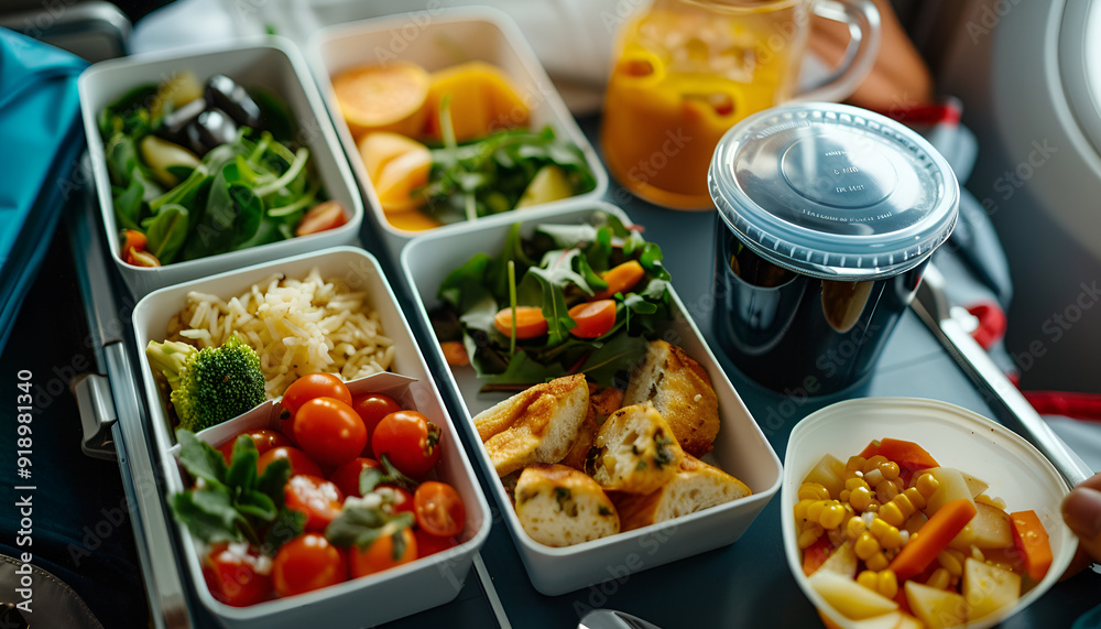 Healthy airplane meal with fresh ingredients served on a tray table, emphasizing nutritious in-flight dining options Healthy airplane meal with fresh ingredients served on a tray table, emphasizing nutritious in-flight dining options