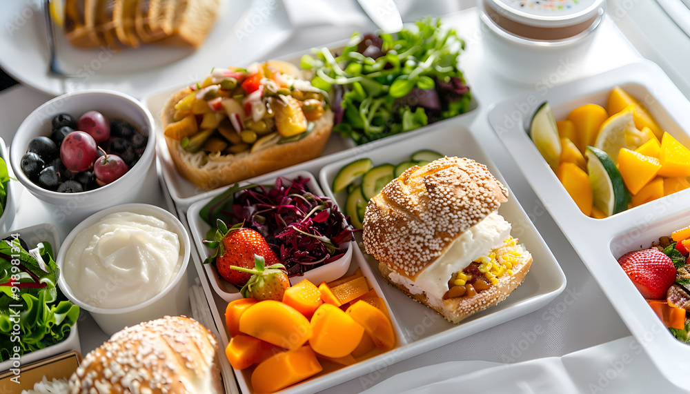 Healthy airplane meal with fresh ingredients served on a tray table, emphasizing nutritious in-flight dining options Healthy airplane meal with fresh ingredients served on a tray table, emphasizing nutritious in-flight dining options