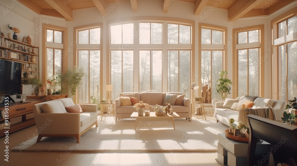 Sunlit Living Room with Large Windows and Cozy Couches Sunlit Living Room with Large Windows and Cozy Couches