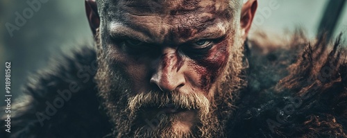 Severe viking warrior with beard and scars is starring angrily photo