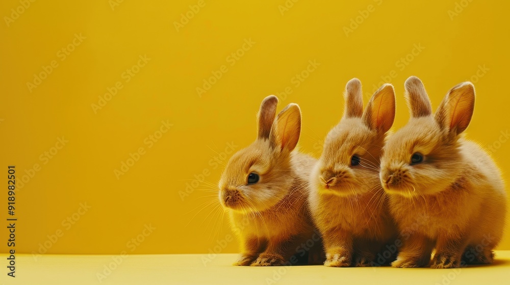 Obraz premium Three adorable rabbits are standing close together on a vibrant yellow surface, appearing curious and playful