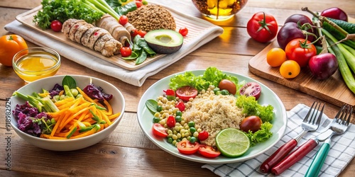 A clean table setting with fresh vegetables, whole grains, and a colorful salad, surrounded by nutrition guides and prescription papers, promoting healthy elderly care. photo