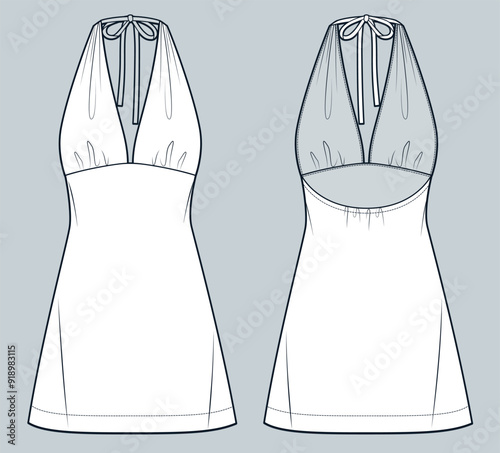 Halter Dress technical fashion Illustration. Mini Dress fashion flat technical drawing template, draping, tie knot, front and back view, white, women Dress CAD mockup.