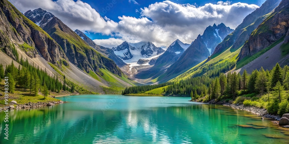 Fototapeta premium Beautiful glacier lake in a remote Altay mountain canyon surrounded by lush greenery and towering peaks, glacier, lake, Altay