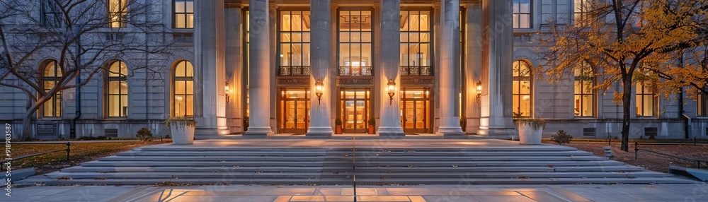 An imposing courthouse entrance with tall, ornate doors, grand steps, and authoritative presence