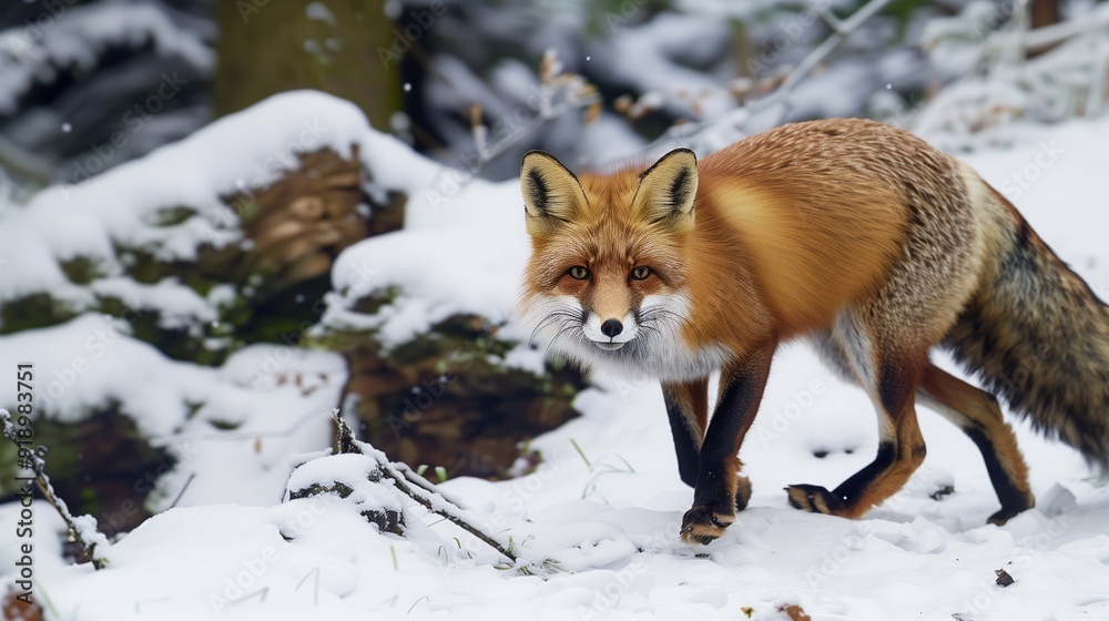 Fototapeta premium A red fox cautiously stepping through a snow-covered forest, its fur blending with the winter landscape