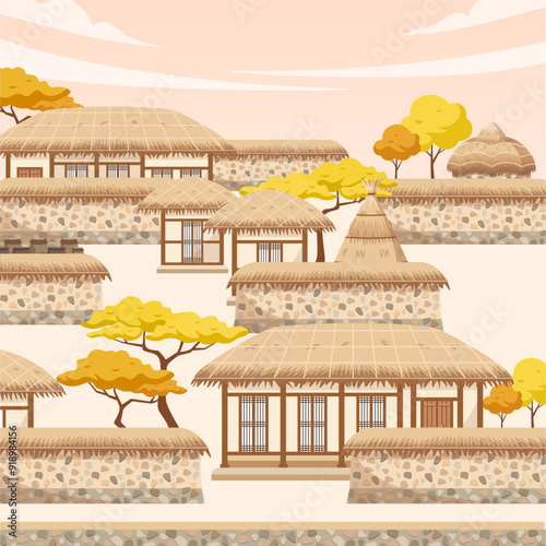 Korean traditional village background. Chogajib (thatched roof house) with traditional storage dan fence. 